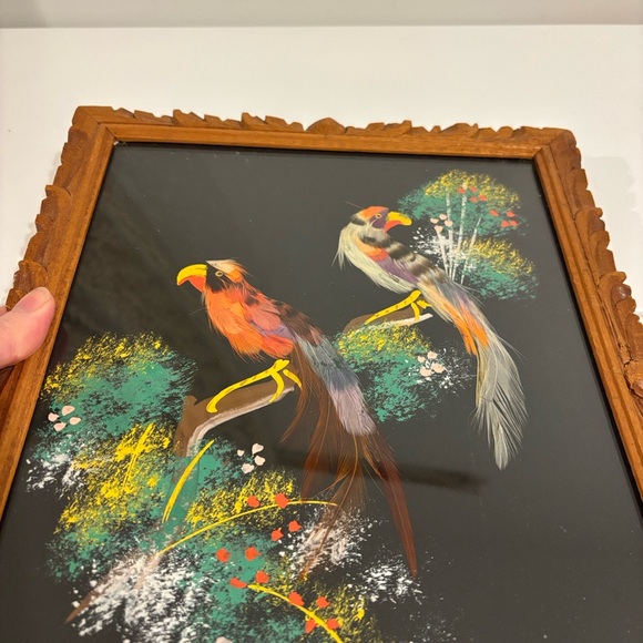 Vintage Mexican feather art bird paintings carved wood frames SET OF TWO 12X10 - Picture 5 of 14